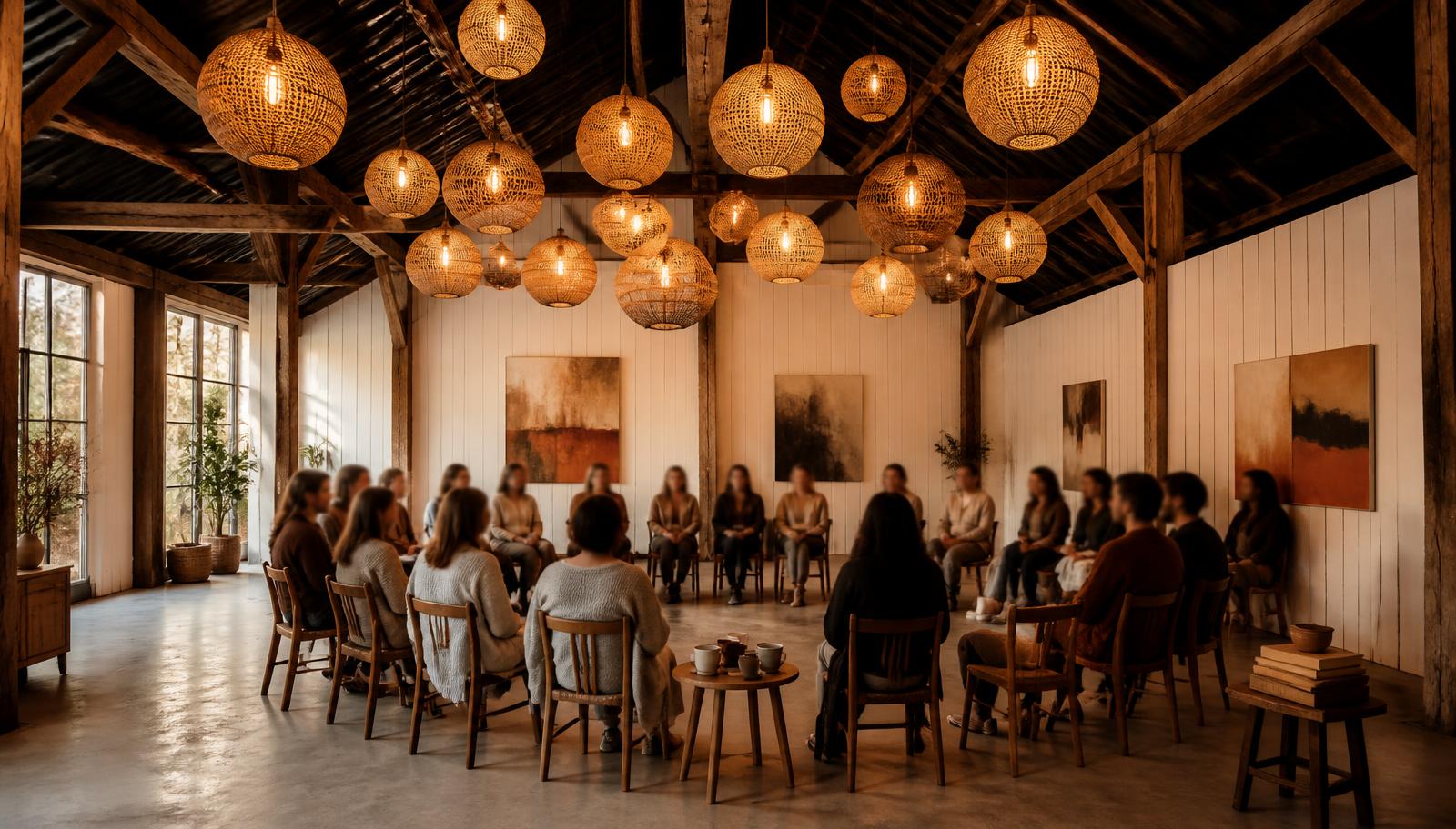 Cercle de discussion dans une grange rustique, participants assis en anneau